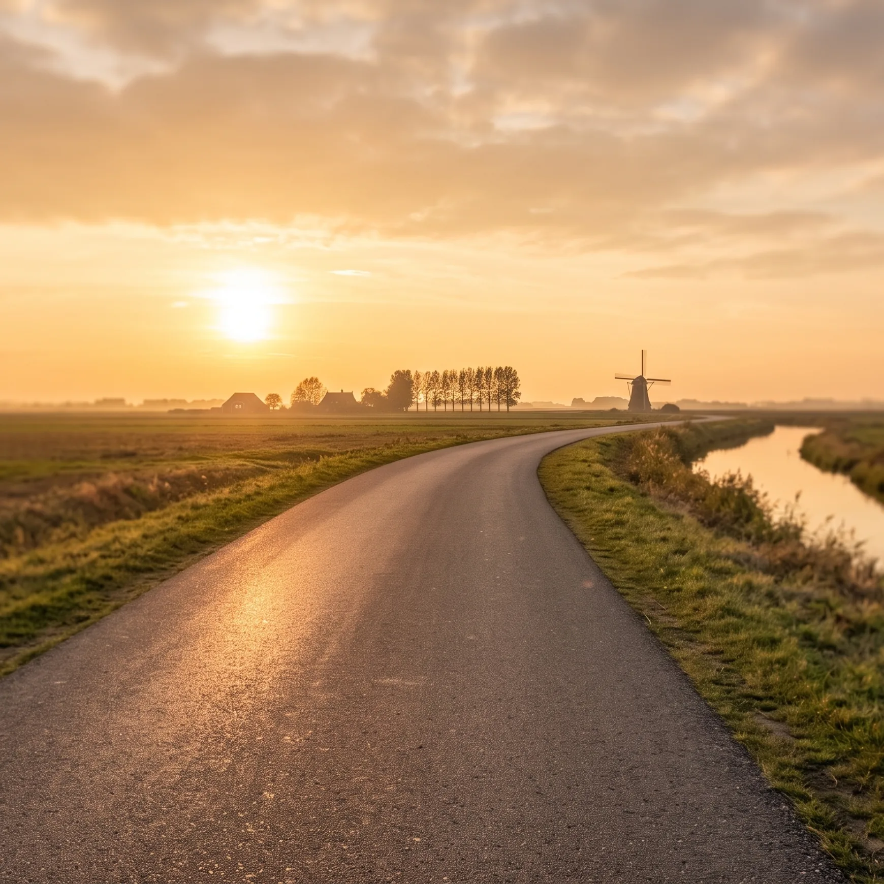 Landweg door Nederlands polderlandschap naar de horizon bij zonsondergang